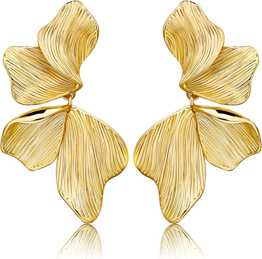 Gold Statement Earrings For Women 18K Gold Plated Sectored Flower Leaf Shell Angel Wing Earring L... | Amazon (US)