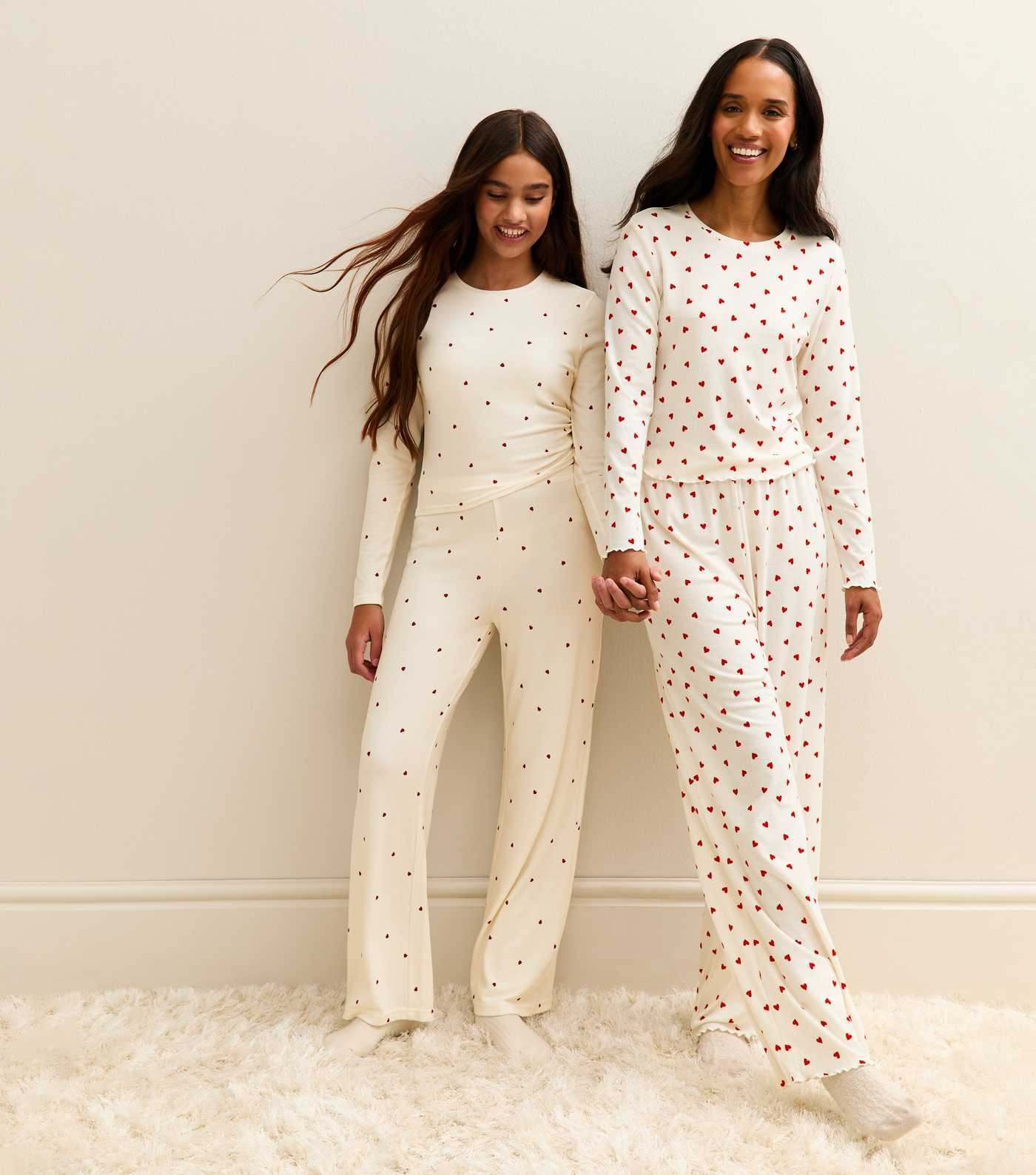 Girls Cream Ribbed Heart Print Top and Trousers Pyjama Set | New Look | New Look (UK)