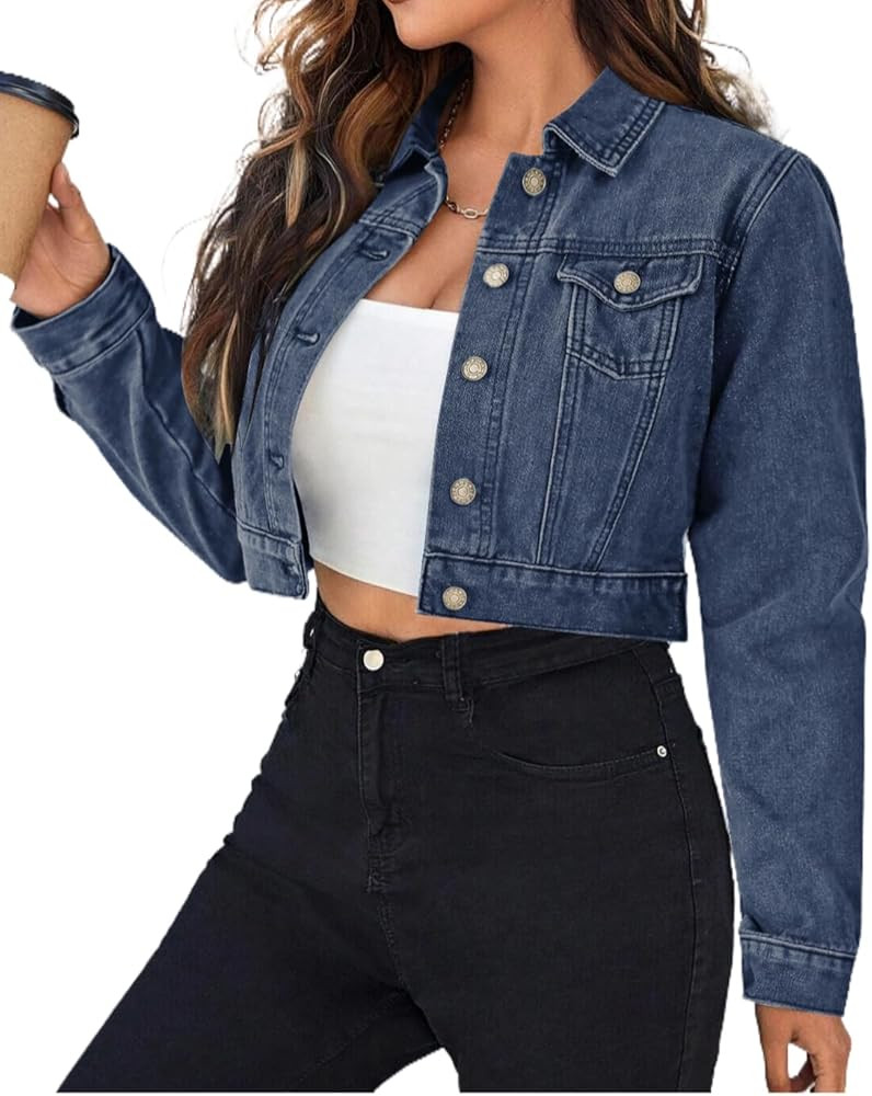 Grabsa Women's Button Down Long Sleeve Cropped Denim Jean Jacket with Pockets | Amazon (US)
