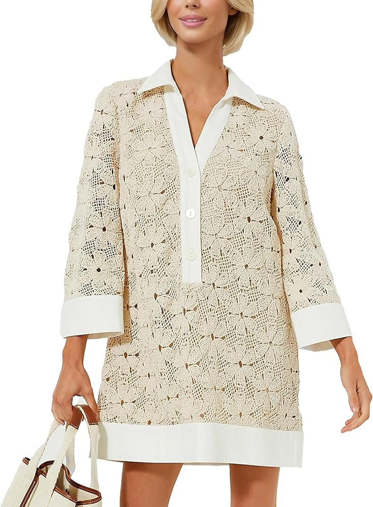 TAQCUX Womens Swimsuit Crochet Swim Cover Up Summer Color Block Bathing Suit Swimwear Mesh Knit B... | Amazon (US)