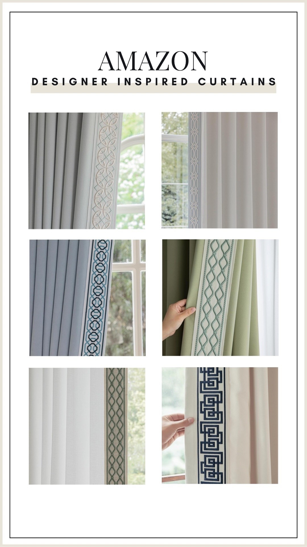 These curtains are identical to my custom made curtains but are so affordable!

Amazon designer curtains look for less - custom made curtains - pinch pleat curtains - Amazon home look for less - Amazon home dupes - elegant trim curtains - living room curtains - master bedroom curtains - office curtains - guest bedroom curtains - neutral curtains - blue curtains - navy curtains - green curtains - blackout curtains - grand millennial living room decor - grand millennial curtains - southern home - scout design dupes - Ballard designs look for less - geometric trim curtains 



#LTKHome #LTKSaleAlert #LTKSeasonal