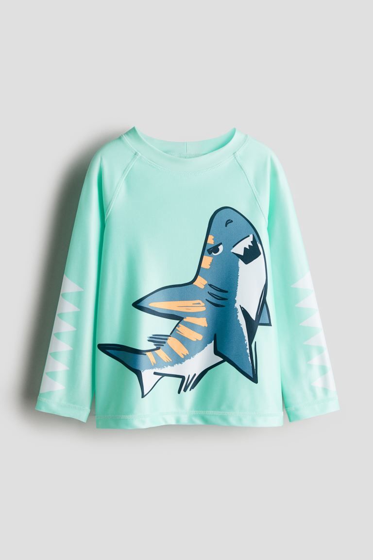 Swim Shirt UPF 50 - Long sleeve - Regular length - Light green/shark - Kids | H&M US | H&M (US + CA)