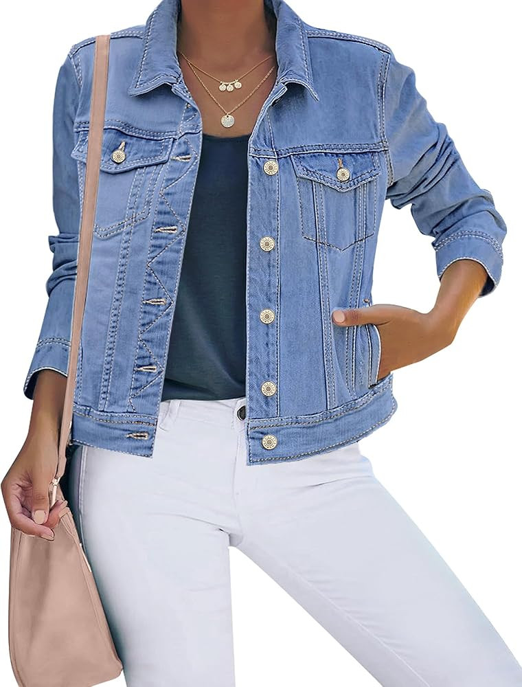 luvamia Women's Basic Button Down Stretch Fitted Long Sleeves Denim Jean Jacket | Amazon (US)