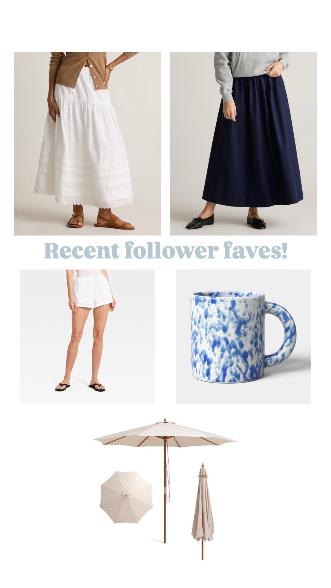 You guys have good taste! These have been top sellers lately, clearly you love neutrals and classics! ￼

Organic cotton maxi skirts, the best and so versatile! ￼

These white shorts are embroidered 🥹

I love this blue speckle mug for only $5

I got this umbrella last year and it’s holding up great. So classy! It’s on sale for less than I paid last year. ￼

#LTKSaleAlert #LTKHome #LTKSeasonal