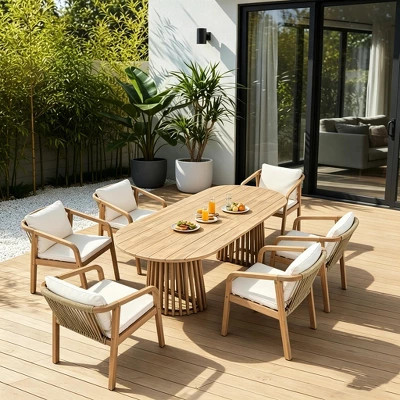 Christopher Knight Home Aar Modern 7 Piece Outdoor Roped Acacia Wood Dining Set with Cushion, Light Teak/Beige | Target