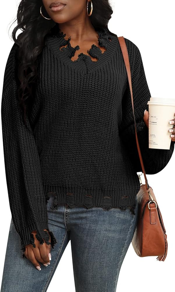 EUOVMY Women's Solid V Neck Ripped Hem Long Sleeve Frayed Sweater Knitted Pullover Crop Top | Amazon (US)