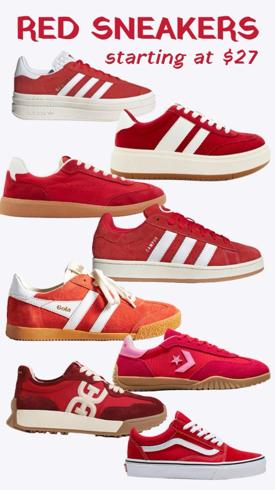 RED SNEAKERS are trending right now! They add a pop of fun to any outfit! I found some cute options for you starting at just $27!
…………..
red shoes pop of red red accent red theory red vans gola sneakers Adidas gazelles red Adidas Adidas dupes gola dupes campus Adidas red converse red dolce vita red Steve Madden sneakers fall trends fall shoes sneakers under $50 sneakers under $30 tennis shoes under $50 platform sneakers Adidas gazelle dupes anthropologie new arrivals target new arrivals walmart new arrivals madden girl sneakers three stripe sneakers fall outfit back to school shopping college essentials college shopping casual shoes teacher shoes teacher outfit travel shoes walking shoes  

#LTKFindsUnder50 #LTKBacktoSchool #LTKShoeCrush
