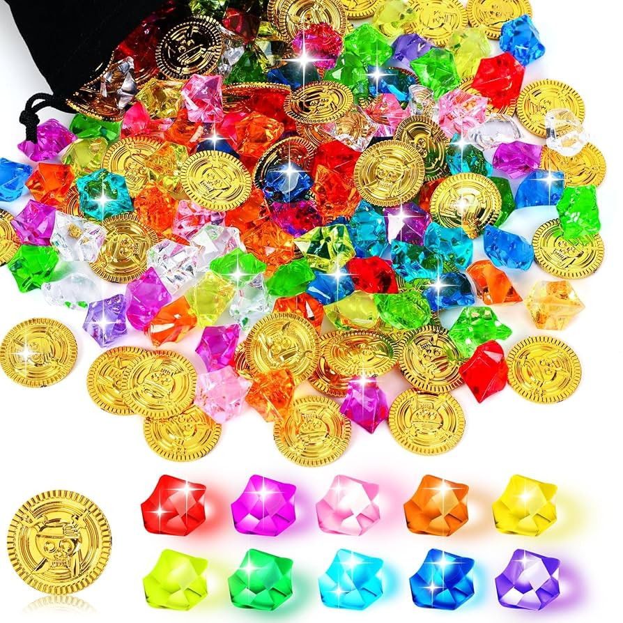MARFOREVER Pirate Treasure 60 Pieces Gold Coins and 120 Pieces Acrylic Gem Jewelry Treasure Fake ... | Amazon (US)