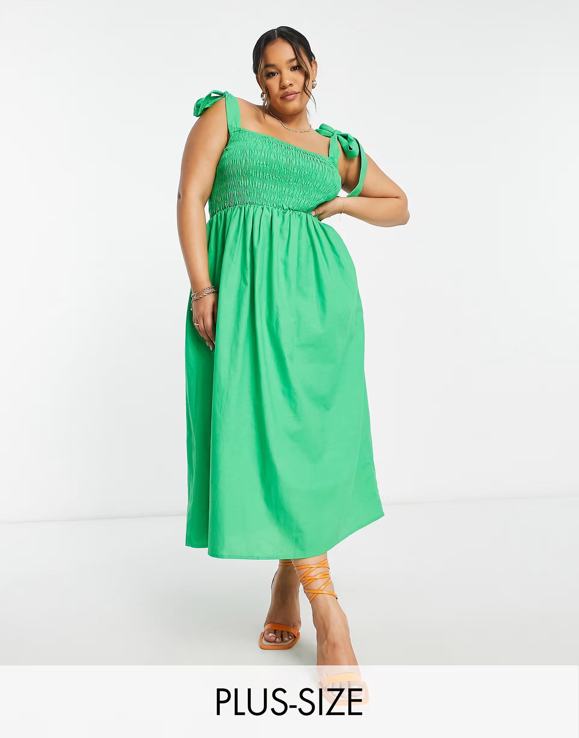 Never Fully Dressed Plus tie shoulder shirred midaxi dress in vibrant green | ASOS (Global)