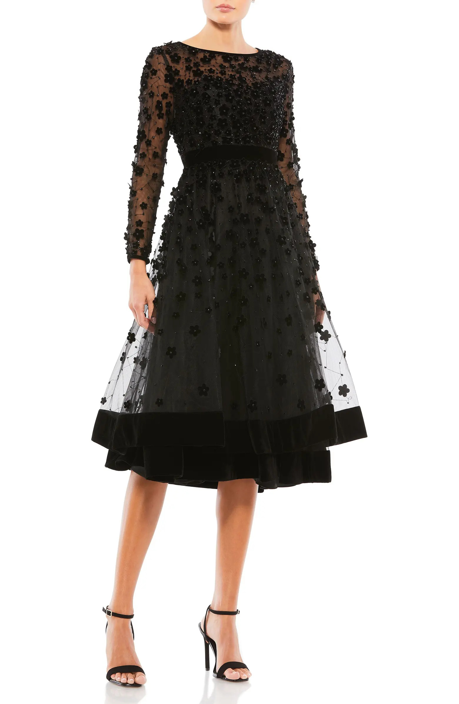 Mac Duggal Embellished Illusion High Neck Long Sleeve Fit & Flare Dress | Nordstrom | Nordstrom