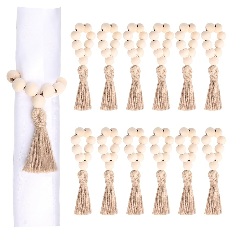 Set of 12 Wood Bead Napkin Rings with Jute Rope Tassels for Christmas Farmhouse Wedding Home Dini... | Amazon (US)