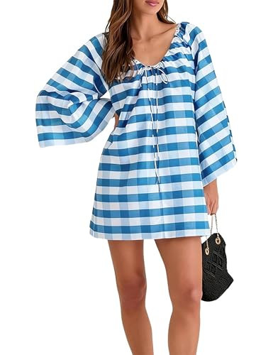 Women's Boho Dress Gingham Bell Sleeve Tie Neck Shift Dress Beach Cover Up Mini Dress | Amazon (US)