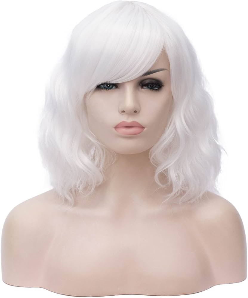 BUFASHION 14" Women Short Wavy Curly Wig White Bob Wig Cosplay Halloween Synthetic Wigs with Side... | Amazon (US)