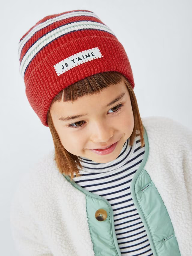 John Lewis Kids' Stripe Je T'Aime Beanie Hat, Red | John Lewis (UK)