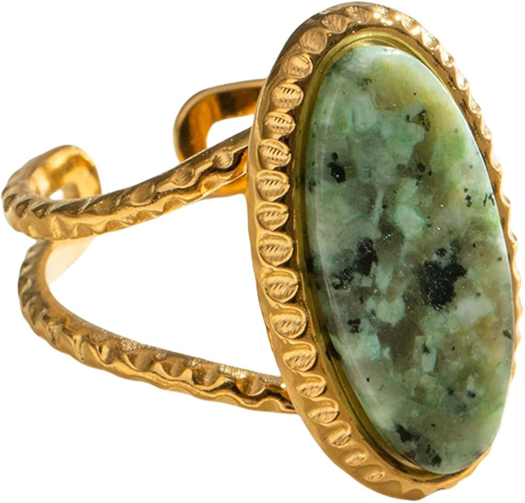 Geometric Oval Statement Ring for Women Gold-Toned Titanium Steel Retro Stone Adjustable Open Ban... | Amazon (US)