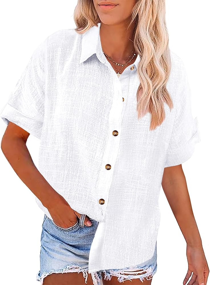 ZAAYO White Linen Shirt Womens Short Sleeve Button Up Shirts Summer Loose Blouse for Beach V Neck... | Amazon (US)