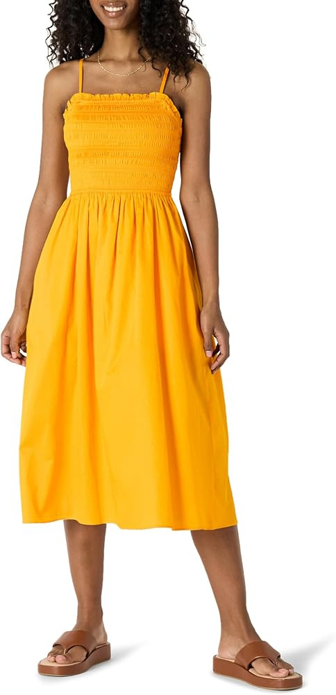 Amazon Essentials Women's Regular-Fit Cotton Sateen Smocked Bodice Midi Dress | Amazon (US)