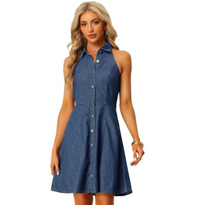 Allegra K Women's Halter Neck Button Down Shirt Denim A-Line Mini Dresses Blue Medium | Target