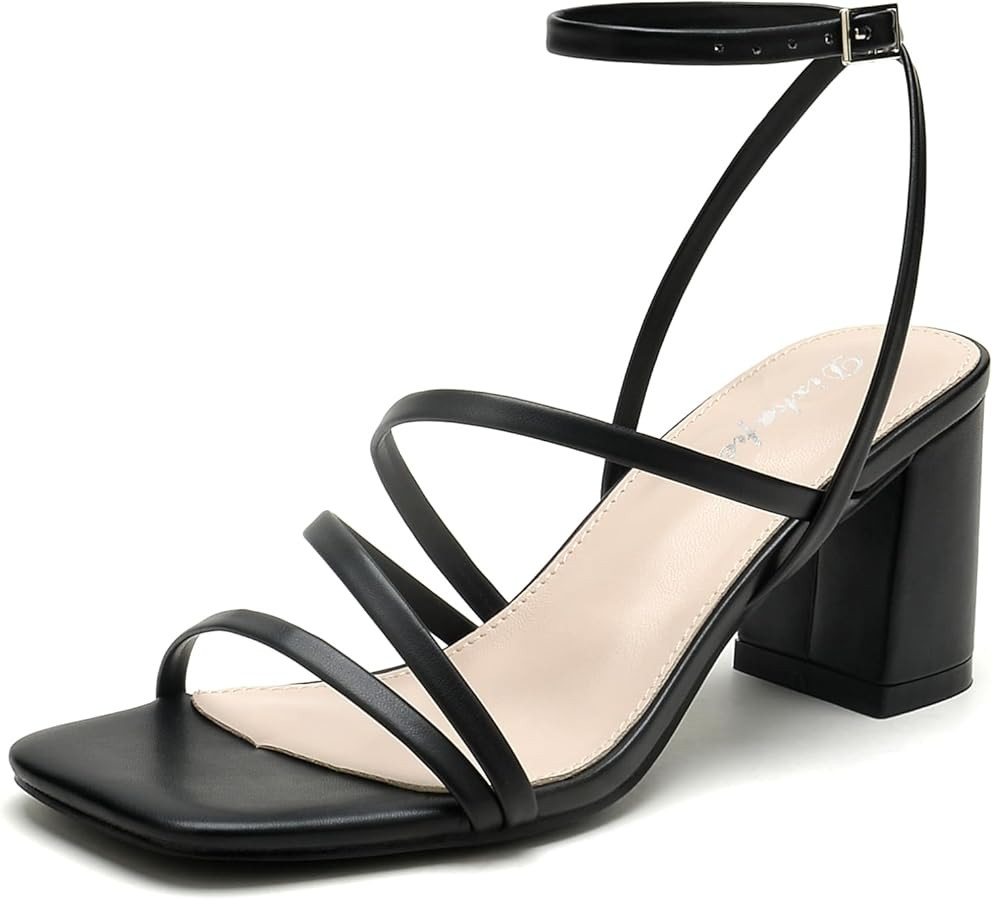 Strappy Heels for Women Square Toe Low Chunky Block Heels Dress Shoes Open Toe Heeled Sandals | Amazon (US)