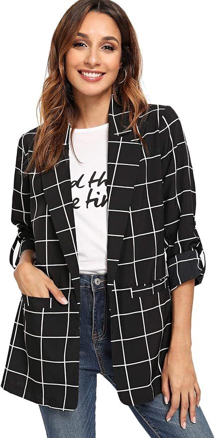 Milumia Women's Open Front Blazer Casual Lightweight Plaid Roll Up Sleeve Jacket Shirt | Amazon (US)