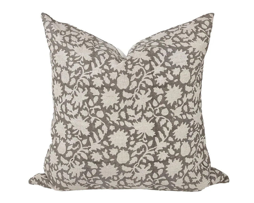 WREN | Designer Soft Grey Tan Floral Linen Pillow Cover, Block Print Pillow, Modern Farmhouse Pil... | Etsy (US)