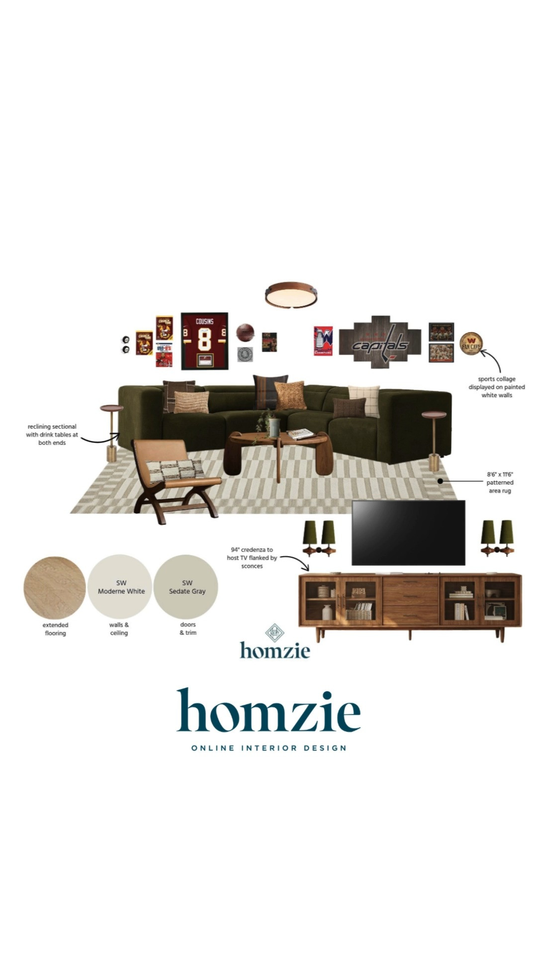 Colorful basement design featuring sports memorabilia, sectional, side table, mid century modern media console, rug, lighting, decor, etc.

#LTKHome #LTKFinds #LTKFavorites #HomeStyleDaily 

 #LTKHome