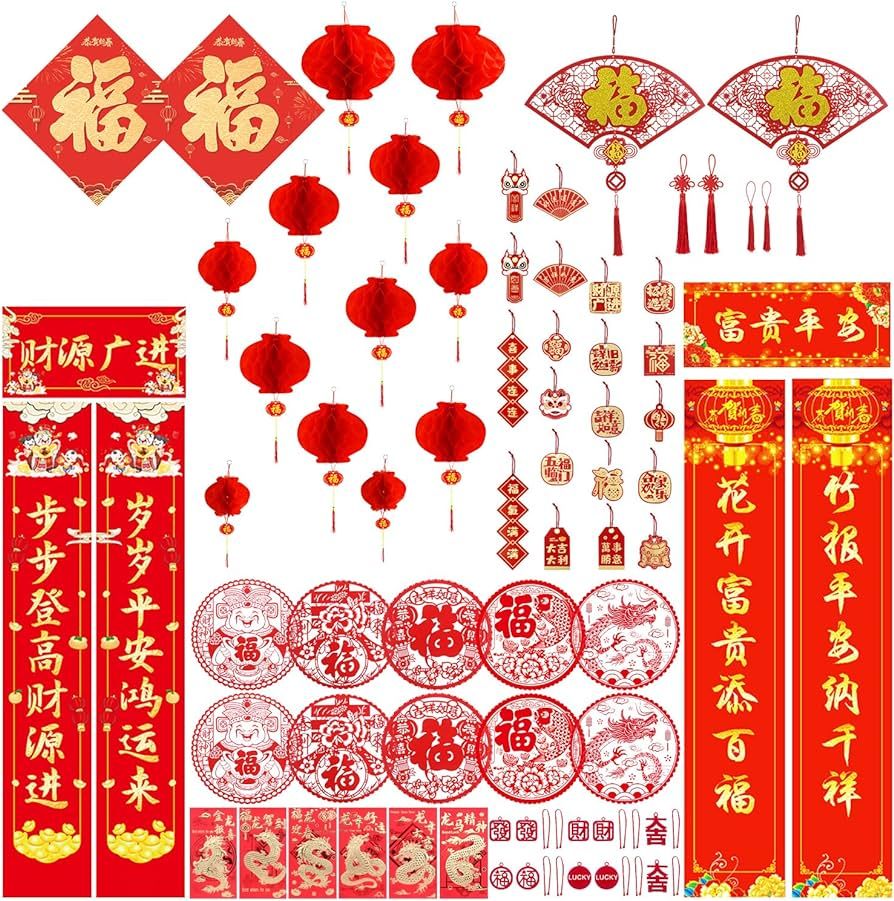 68PCS Chinese New Year Decorations 2024, Lunar New Year Decor Red Paper-cuts Lanterns Dragon Red ... | Amazon (US)