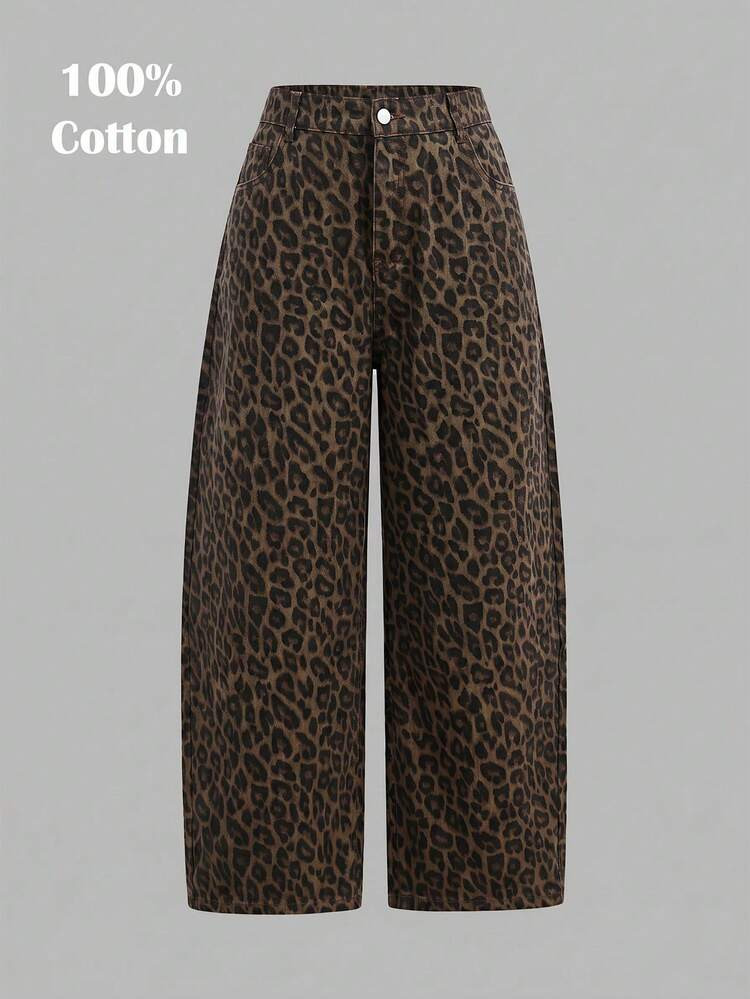 SHEIN MOD Plus Size Women's Leopard Print Flared Leg Jeans | SHEIN