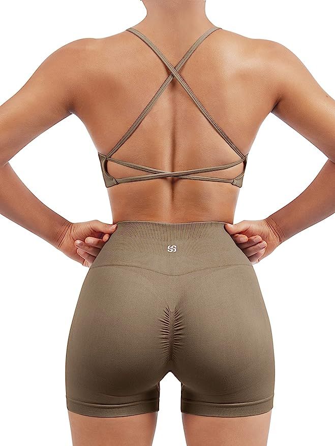 SUUKSESS Women Seamless Workout Sets Strappy Sports Bra High Waist Booty Shorts Outfits | Amazon (US)