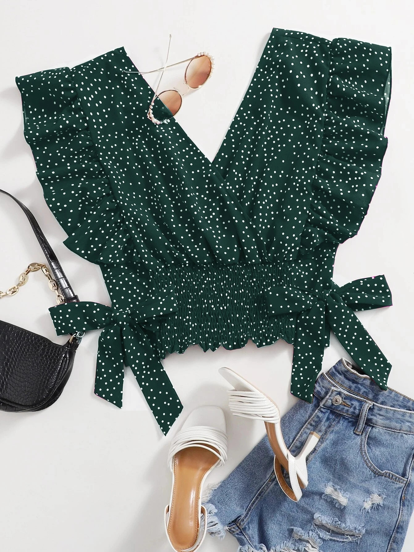 Plus Ruffle Trim Knot Side Polka Dot Blouse | SHEIN