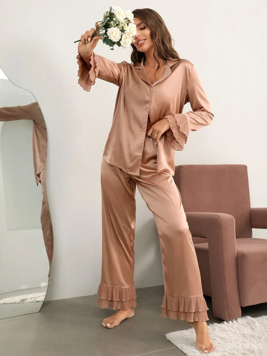 Notch Collar Satin Blouse And Ruffle Hem Pants PJ Set / Pajama Set | SHEIN