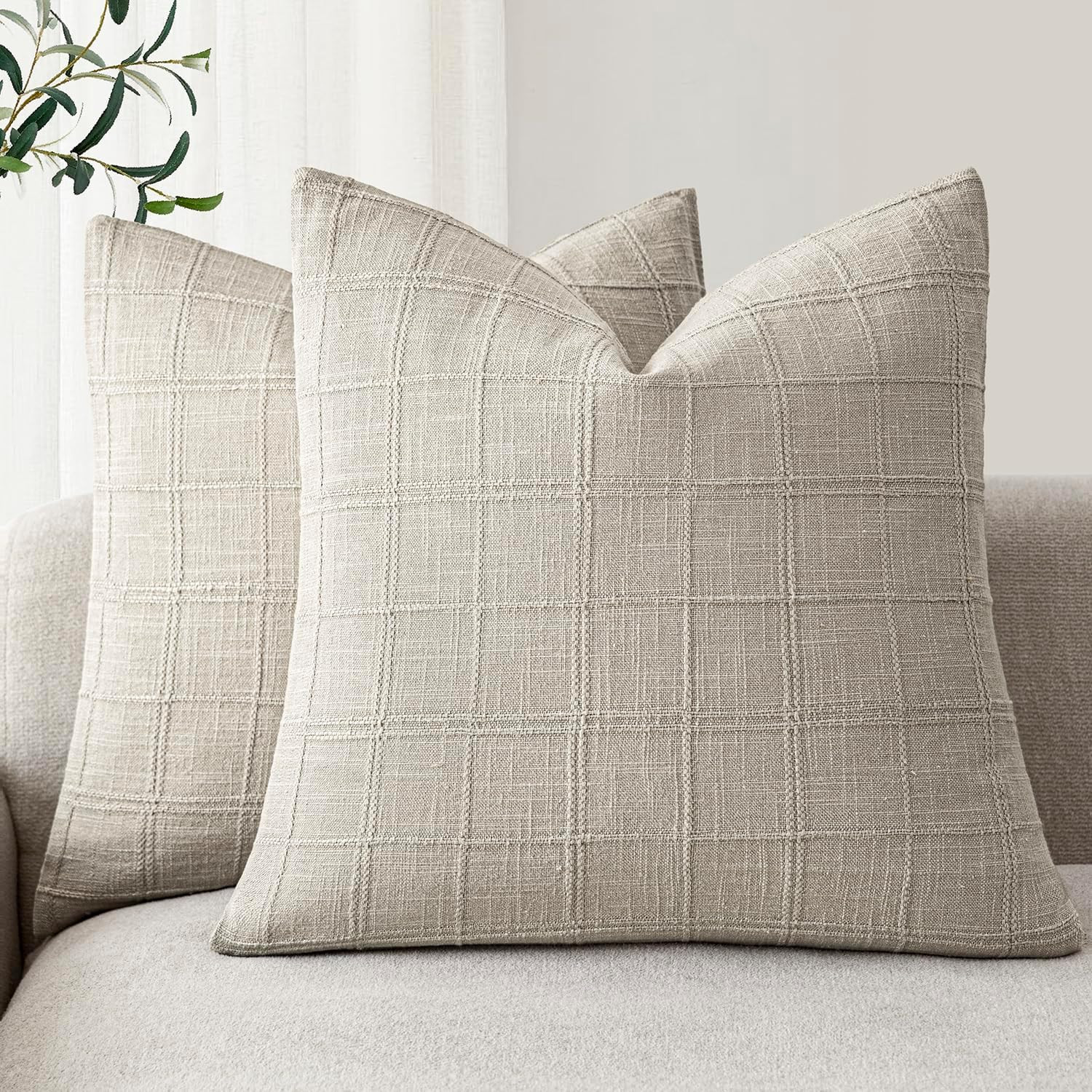 Foindtower Set of 2 Decorative Linen Check Throw Pillow Covers Neutral Farmhouse Vintage Cushion Covers Modern Coastal Boho Home Decor for Sofa Chair Couch Bedroom Living Room,18×18 Inch,Light Grey | Amazon (US)