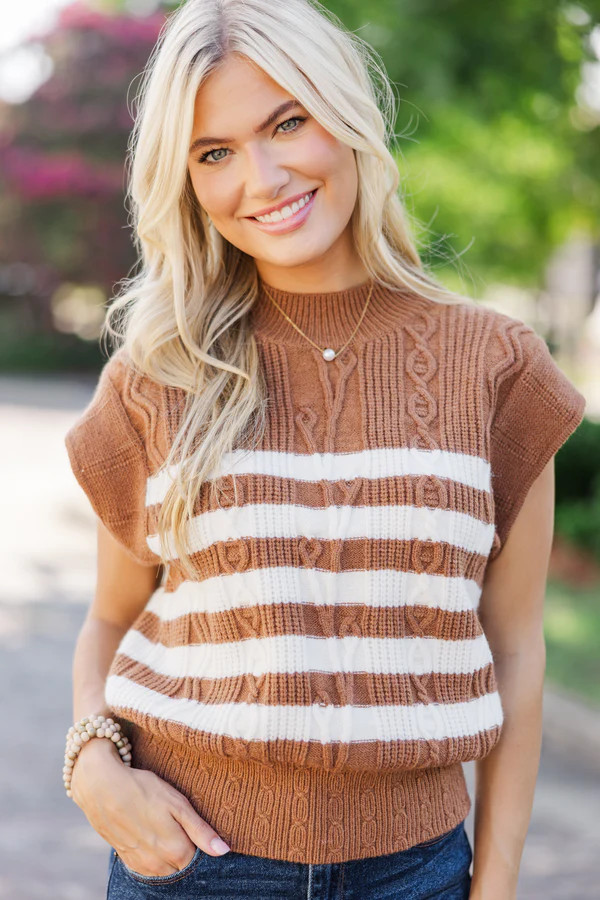 Get It Going Camel Brown Striped Cable Knit Sweater Top | The Mint Julep Boutique