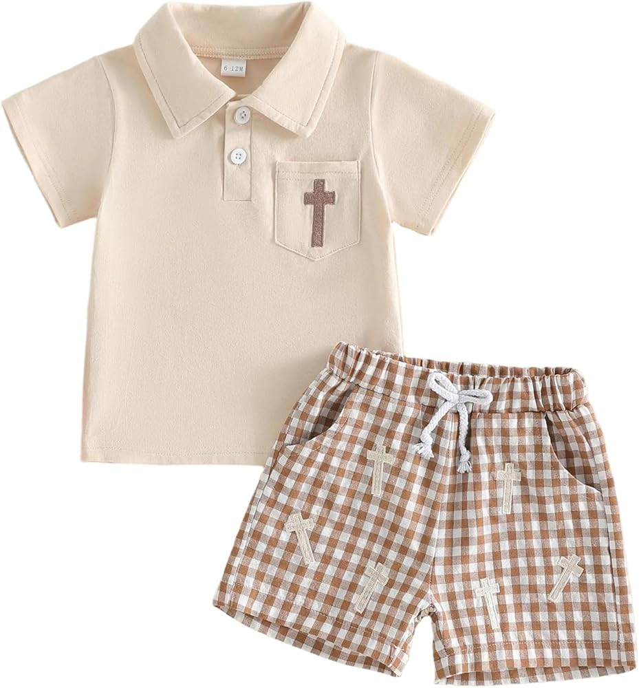 Toddler Baby Boy Easter Outfit Summer Clothes Cross Embroidery Short Sleeve Lapel Shirt Plaid Sho... | Amazon (US)
