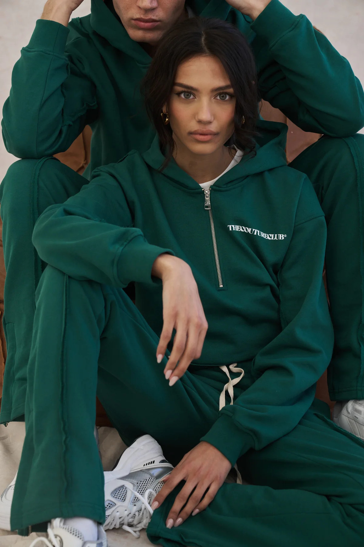 Forest Green Raw Seam Quarter Zip Hoodie | The Couture Club | The Couture Club