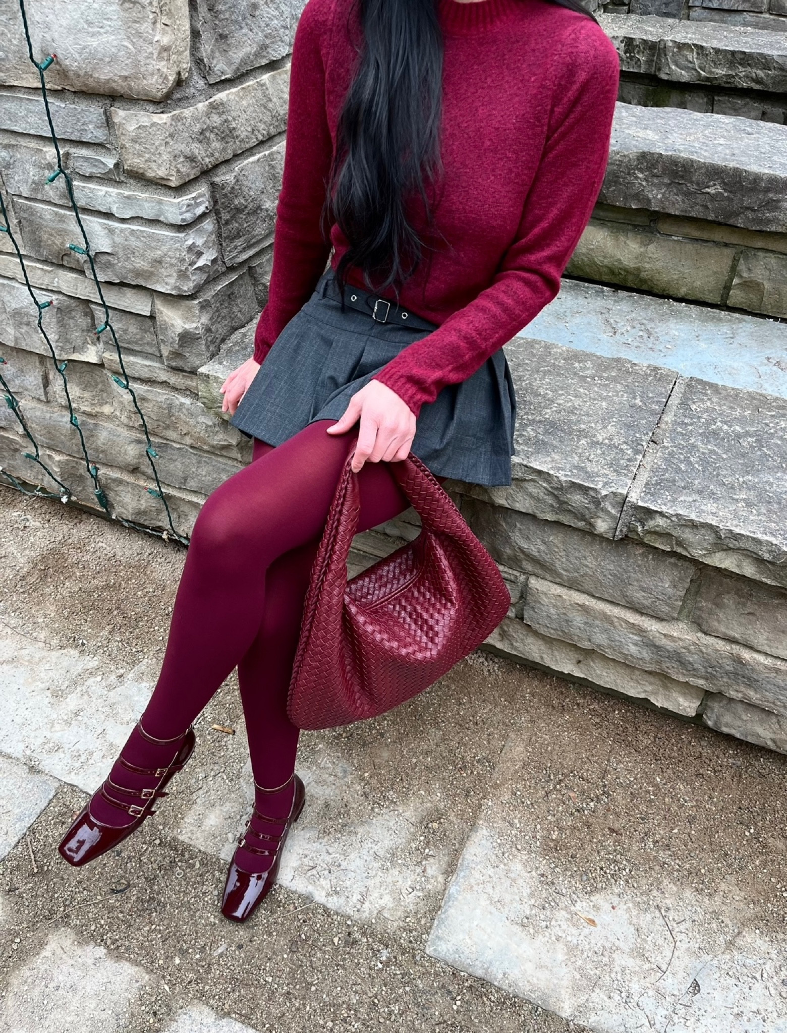 Burgundy outfit; the perfect spring outfit! 

Skort is Zara (can’t tag) 
Mary Janes tagged on my Amazon storefront 

Burgundy tights, burgundy Mary Janes, burgundy bag, gray skirt 

#LTKstyletip #LTKfindsunder100