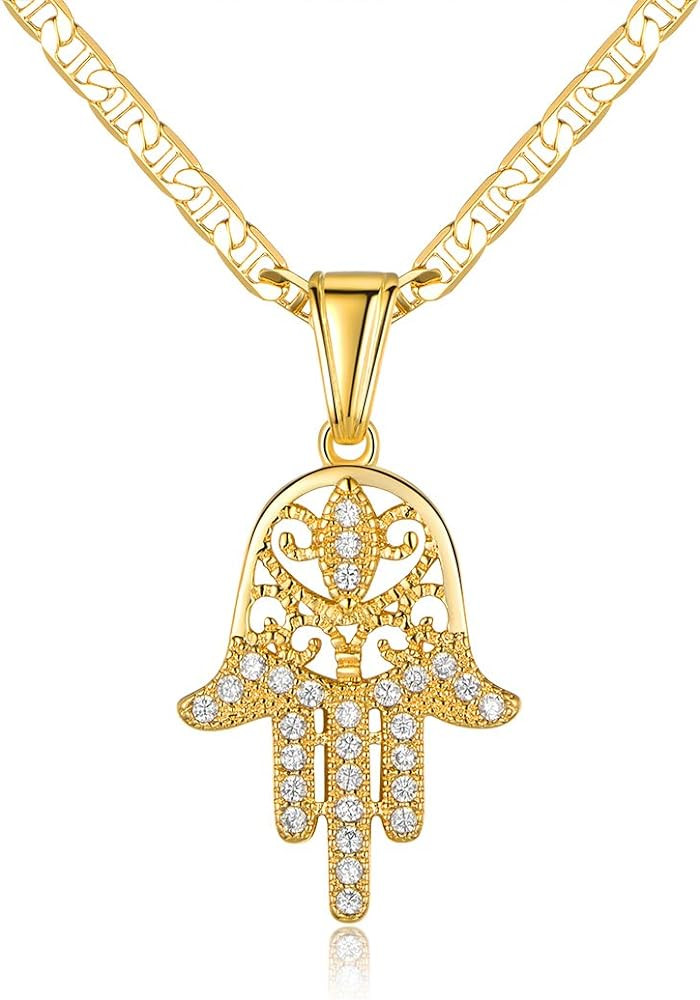 Barzel 18K Gold Plated Flat Mariner/Marina 060 3MM Chain Necklace With Hamsa Hand Pendant | Amazon (US)