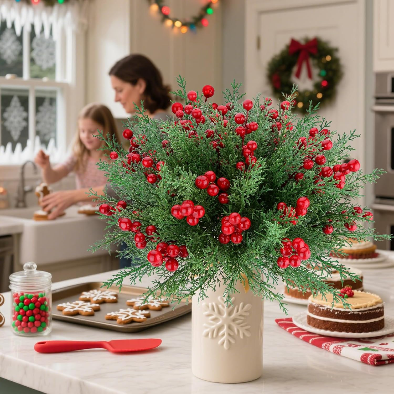 4 Bundles Artificial Christmas Flowers with Red Berry Stems, Fake Norfolk Pine Garland Branches f... | Amazon (US)