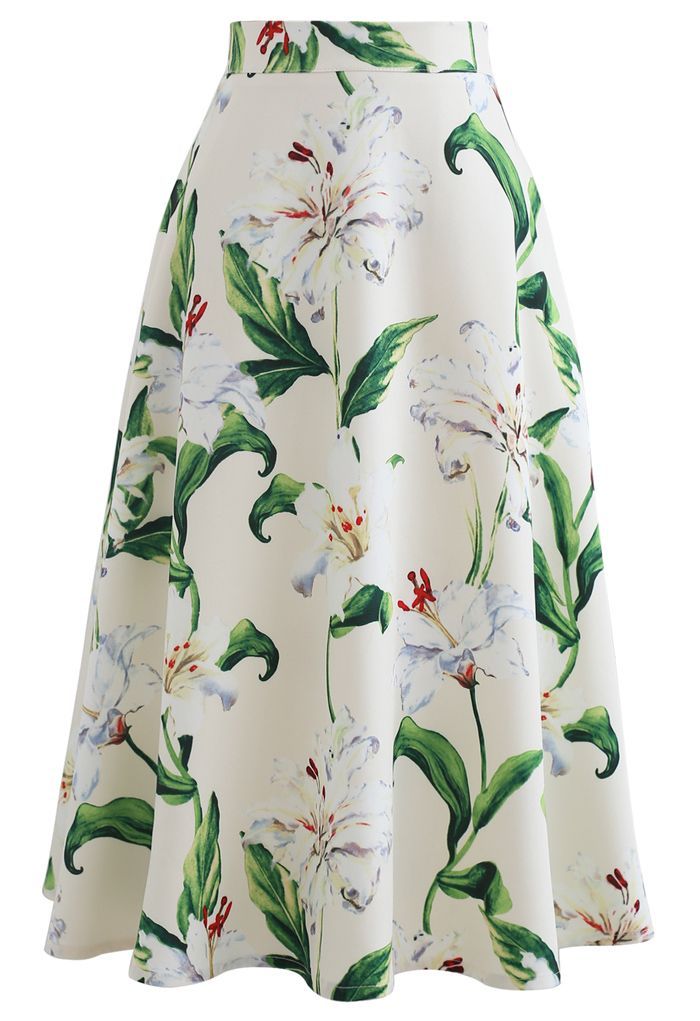 Gorgeous Floral Print A-Line Midi Skirt in Green | Chicwish
