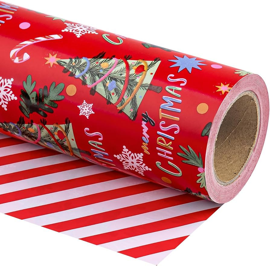 WRAPAHOLIC Reversible Christmas Wrapping Paper - Mini Roll - 17 Inch X 33 Feet - Red Christmas Tr... | Amazon (US)
