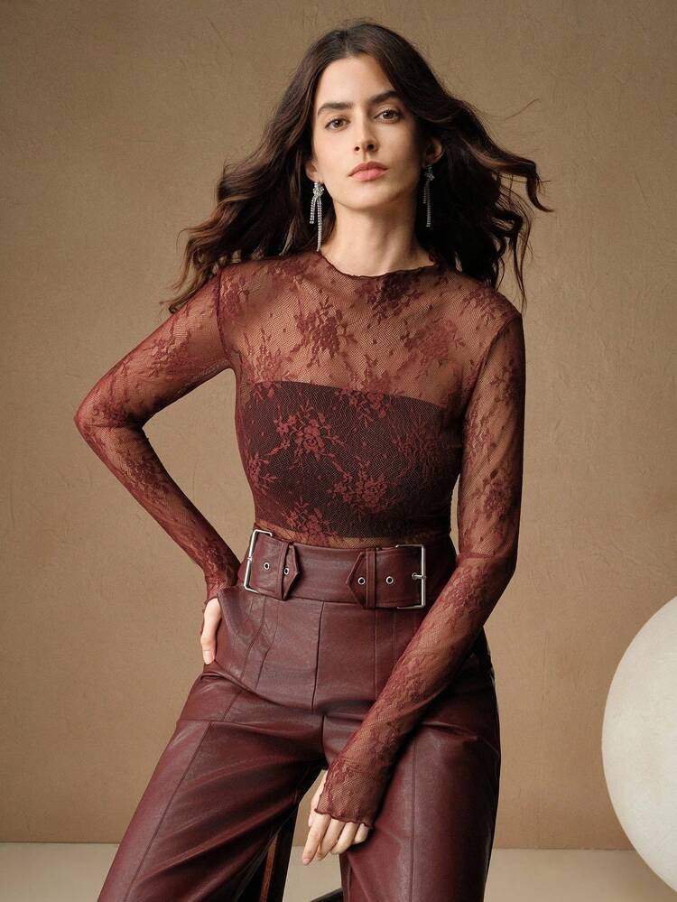 Anewsta Women's Lace See-Through Thumb Hole Elegant Blouse, Suitable For Holiday Party Outfits | SHEIN