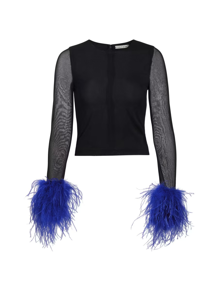 Delaina Feather-Trimmed Mesh Top | Saks Fifth Avenue