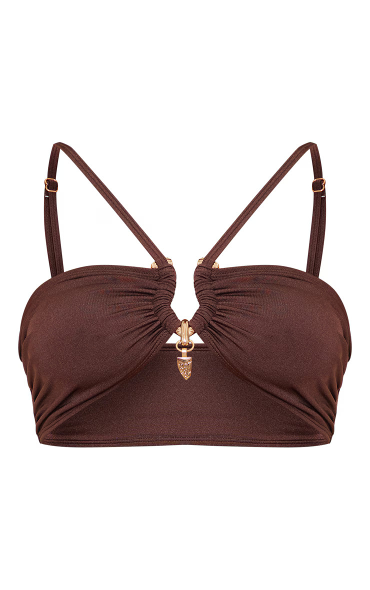 Brown Feather Trim Bandeau Bikini Top | PrettyLittleThing US