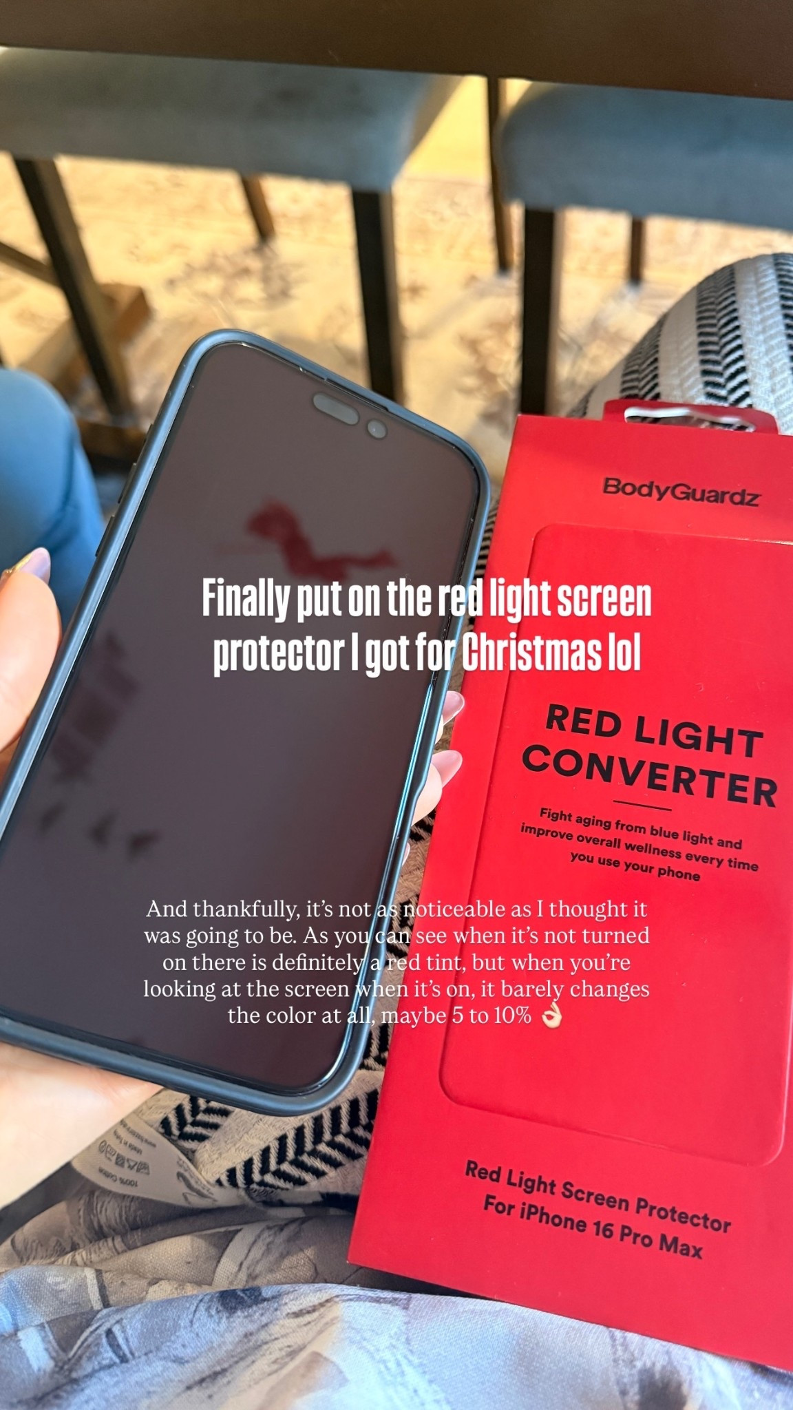 Finally put on the red light screen protector I got for Christmas lol And thankfully, it’s not as noticeable as I thought it was going to be. As you can see when it’s not turned on there is definitely a red tint, but when you’re looking at the screen when it’s on, it barely changes the color at all, maybe 5 to 10% 👌🏻

#LTKActive #LTKmomlife #LTKFindsUnder100