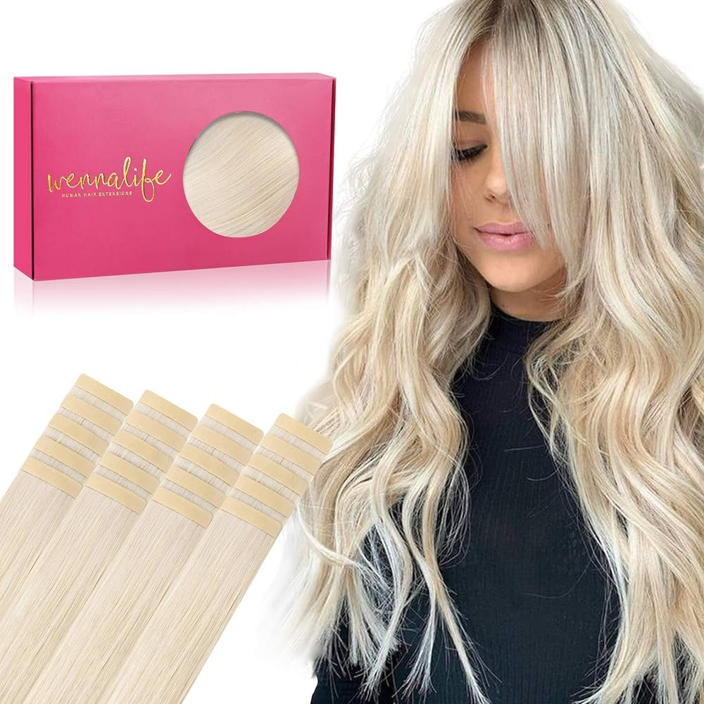 WENNALIFE Tape in Hair Extensions Human Hair, 20pcs 50g 24 inch Platinum Blonde Remy Hair Extensi... | Amazon (US)