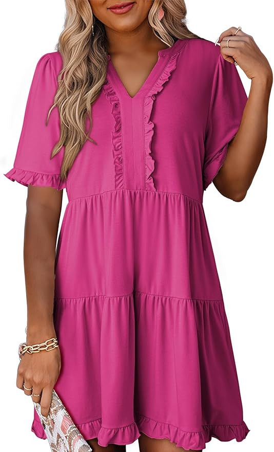 Dokotoo Womens Dresses 2025 Summer Spring V Neck Short Sleeve Casual A Line Flowy Swing Shift Dre... | Amazon (US)