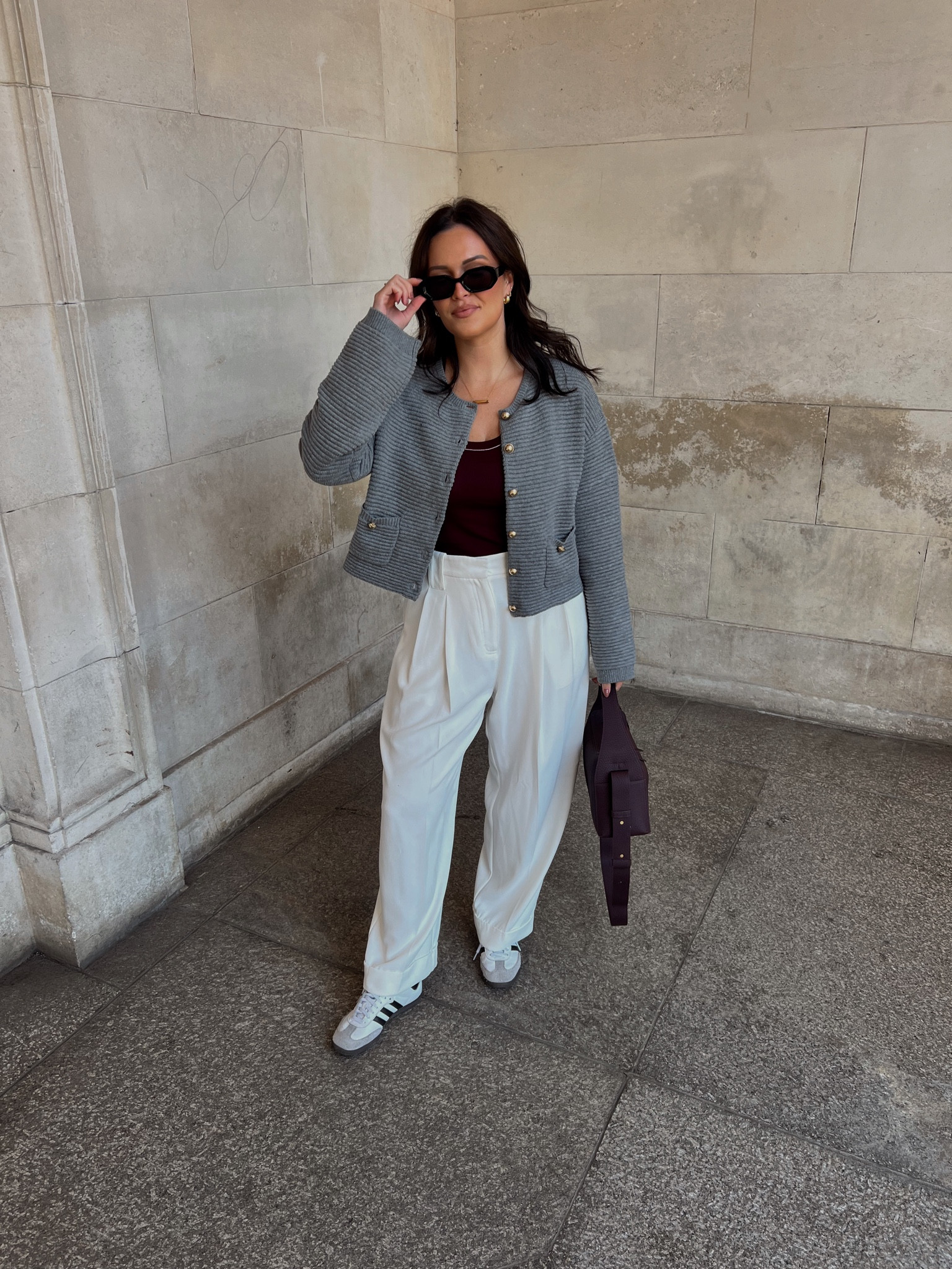 Autumn outfit, burgundy, autumn trend 
Grey knitted cardigan, white trousers, adidas sambas, burgundy vest and bag 

#LTKautumn #LTKuk #LTKeurope
