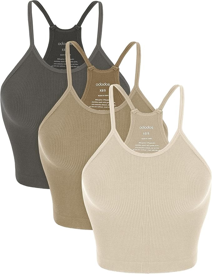 ODODOS Women's Crop 3-Pack Seamless Rib-Knit Camisole Crop Tank Tops | Amazon (US)
