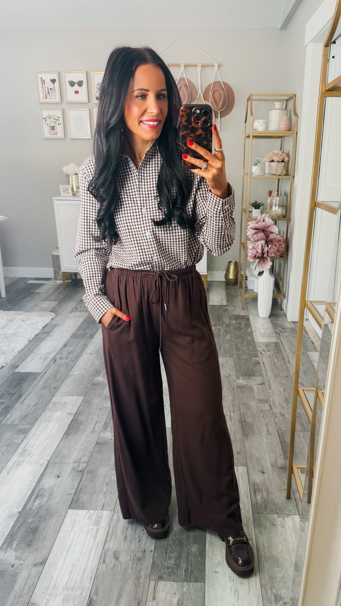 Love these brown pants, they are so comfy while still looking pulled together and elevated! Petite friendly-I’m 5’2” in XS. And this  gingham print button up is so cute! Wearing size small. 

#LTKWorkwear #LTKFindsUnder100 #LTKFindsUnder50