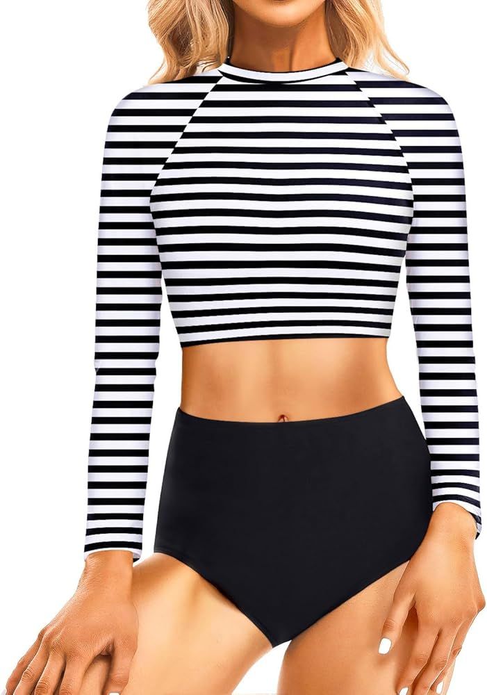 Pinup Fashion Two Piece Rash Guard Long Sleeve Bathing Suits Women Swimsuit Top with High Waist B... | Amazon (US)